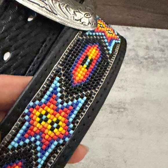 NWOT Nocona Tribal Beaded Black Tooled Leather Removable Buckle Belt Size 38 main image 4
